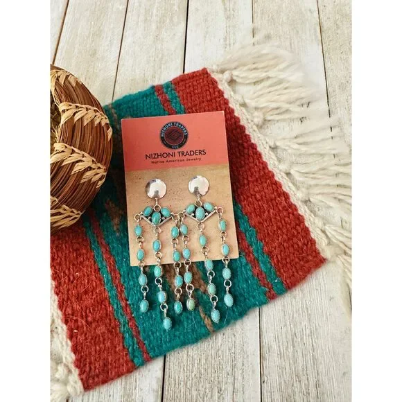 Handcrafted Turquoise & Sterling Silver Chandelier Dangle Earrings